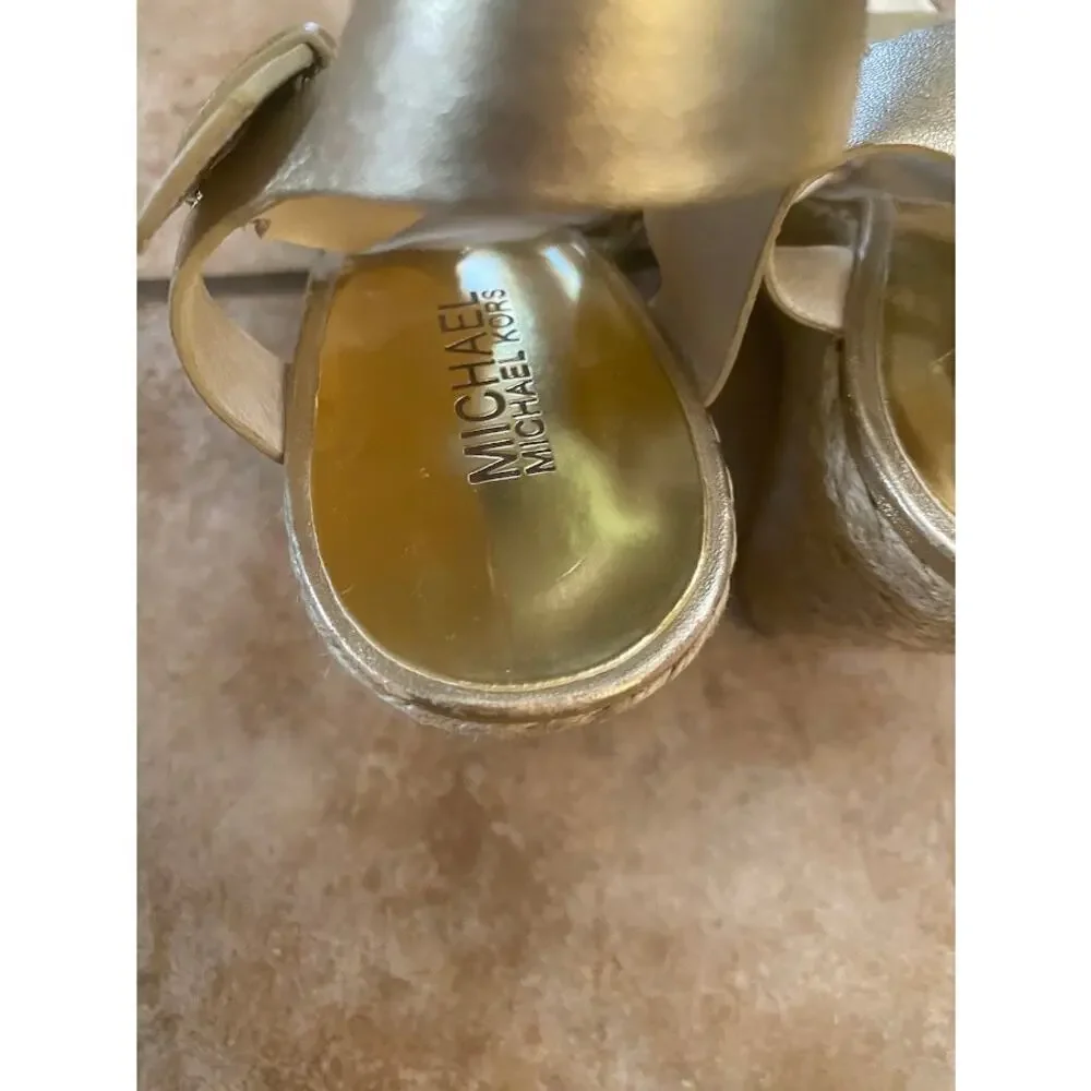 MICHAEL KORS Metallic Gold Leather Ankle Strap Espadrille Wedge Sandal 9.5M